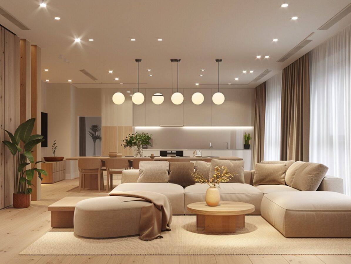 Minimalistyczny salon z narożnikiem i jasnym drewnianym stolikiem