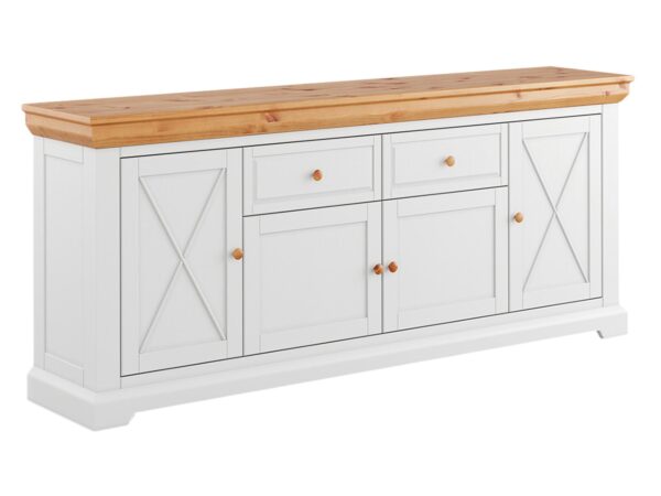 Witryna z półkami i drewnianym blatem – styl wiejski i elegancja