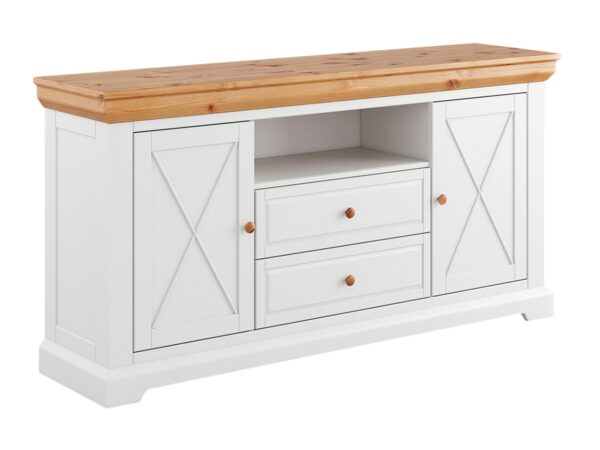 Biała szafka RTV z trzema wnękami – prowansalski styl z funkcją praktyczną