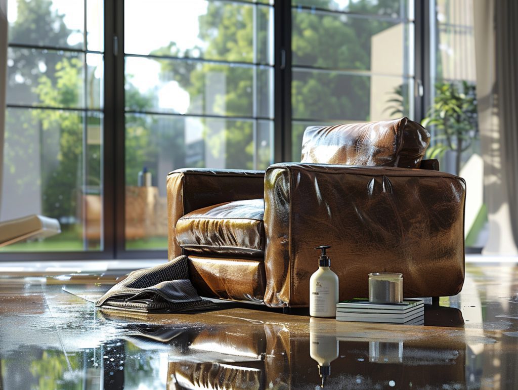 Skórzany fotel w stylu vintage w salonie z widokiem na ogród