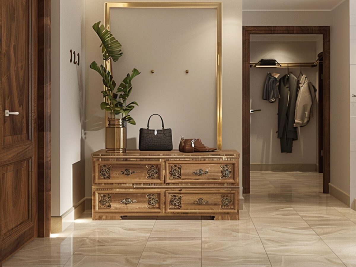 Drewniana komoda z rzeźbieniami w klasycznym holu z marmurową podłogą