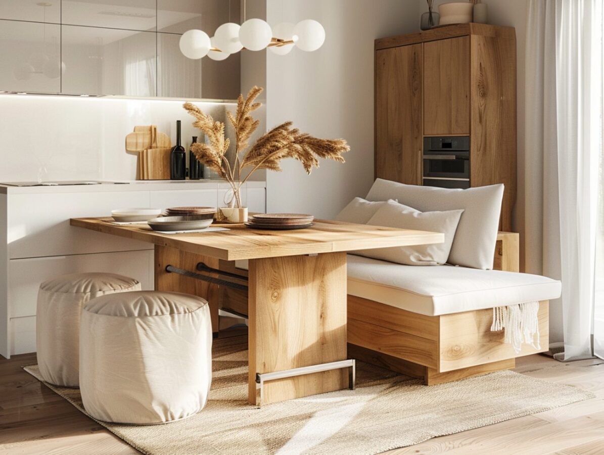 Kącik jadalniany z ławką i stołem z litego drewna w stylu rustykalnym