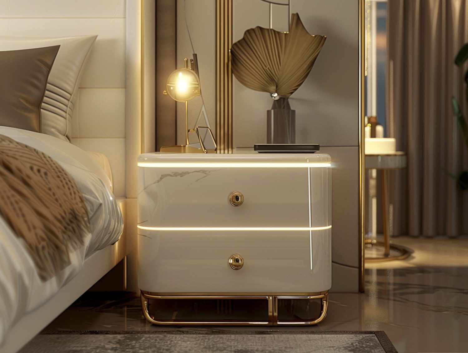 Biała szafka nocna z marmurowym blatem i złotymi detalami