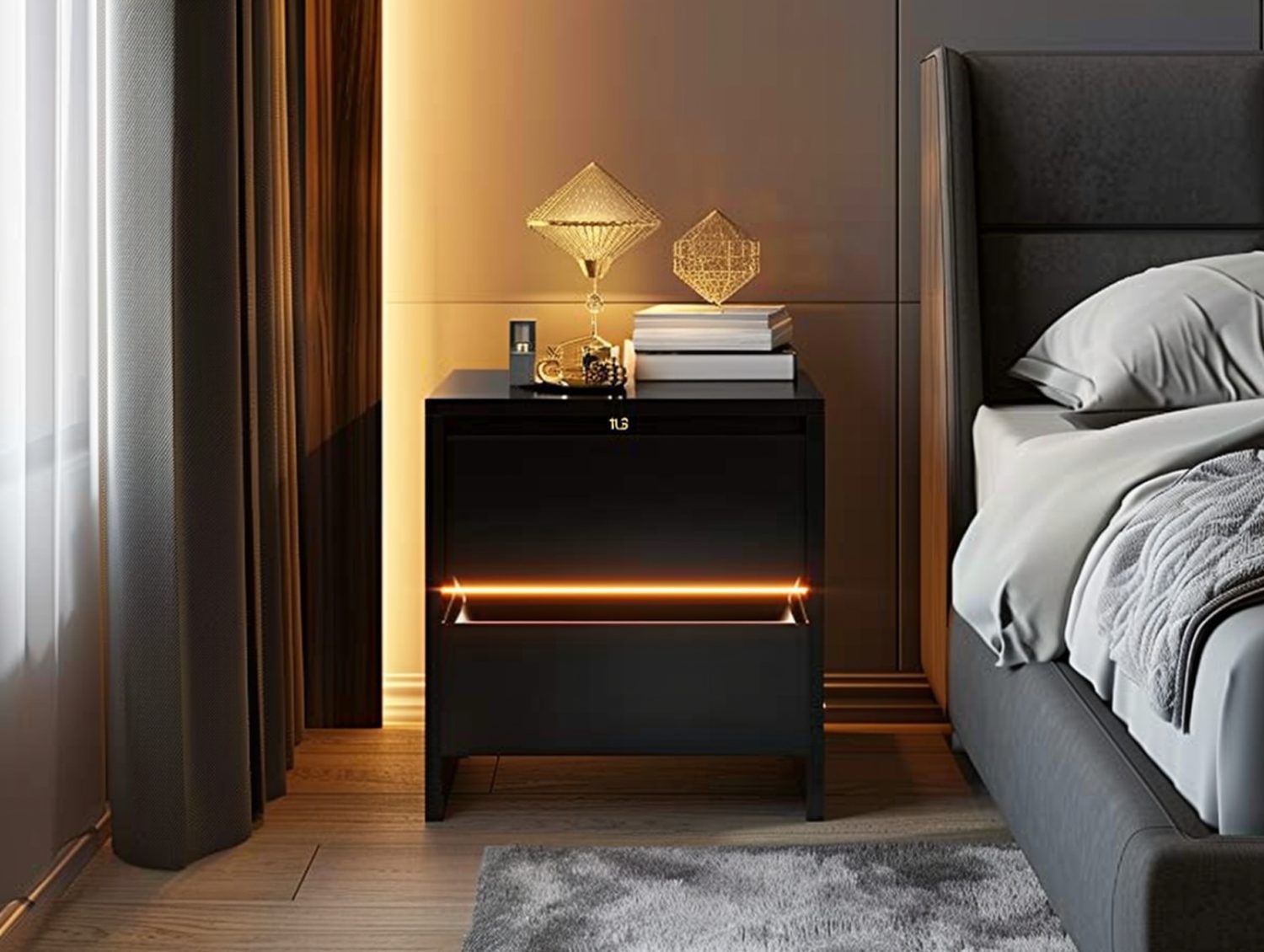 Ciemna szafka nocna z oświetleniem LED i dekoracjami glamour