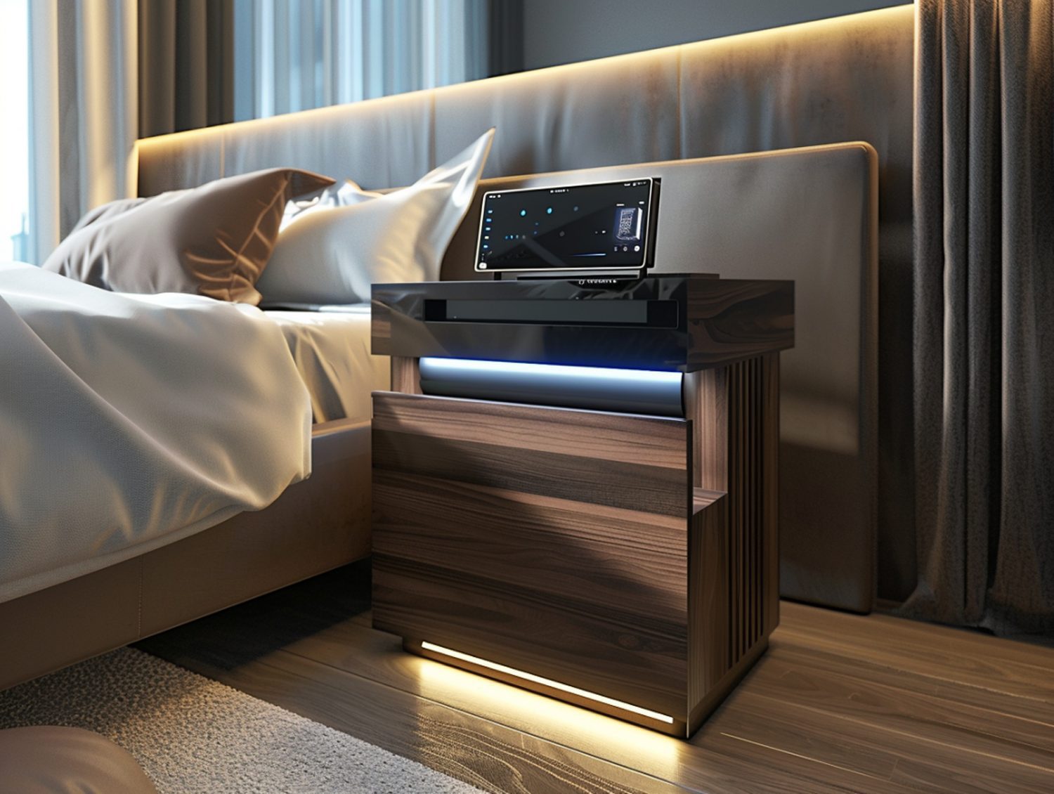 Szafka nocna z drewna z podświetleniem i technologią Bluetooth