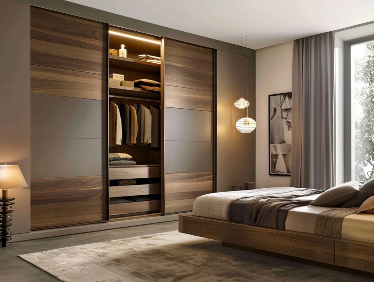 Sypialnia z dużą szafą przesuwną w kolorze drewna i beżu
