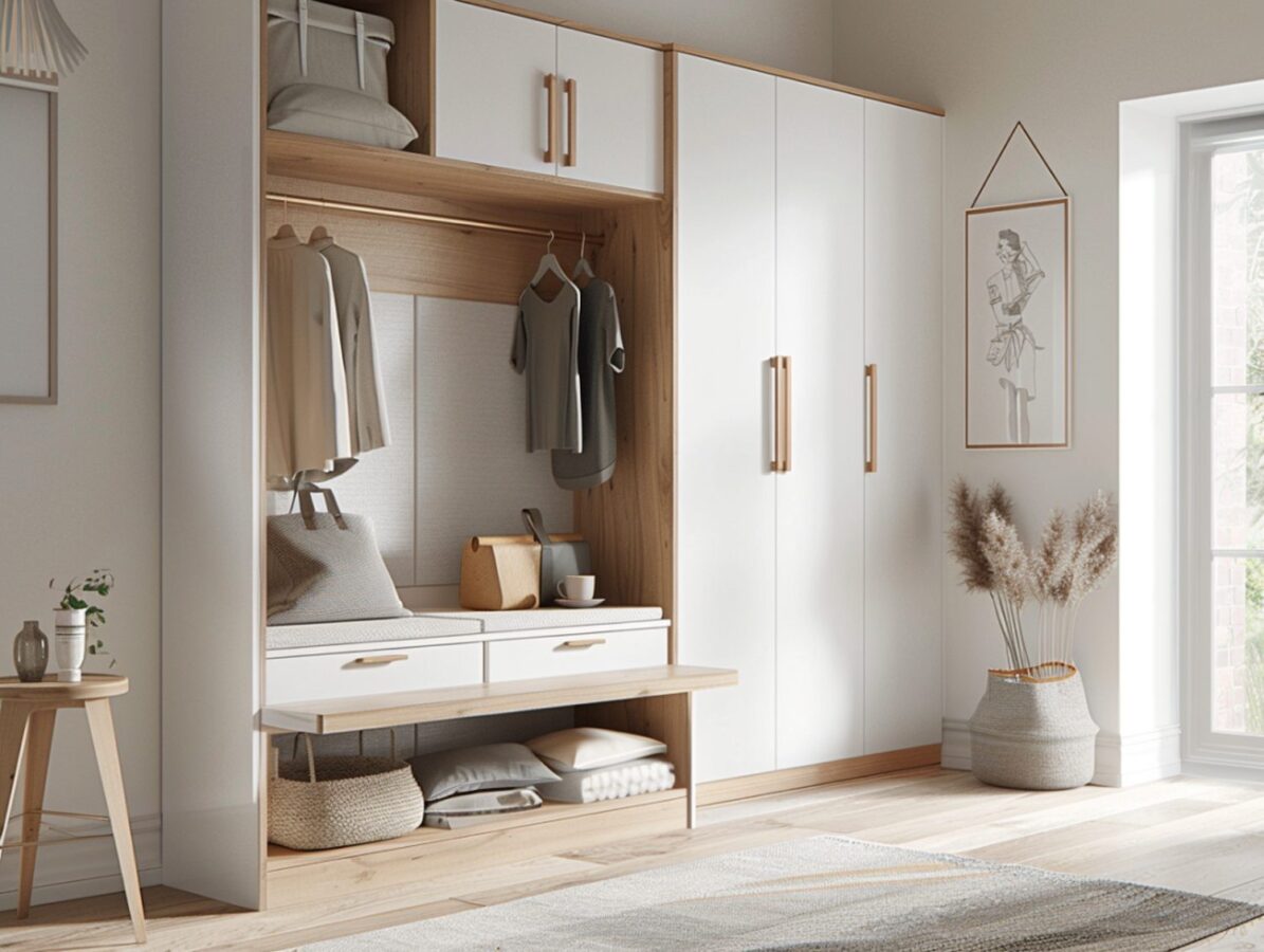 Przedpokój z szafą, siedziskiem i panelami w stylu skandynawskim