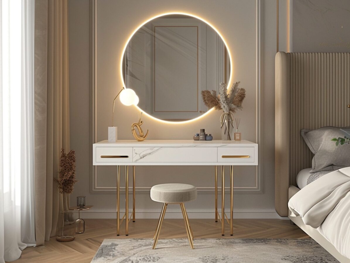 Biała toaletka z okrągłym lustrem LED i złotymi nogami