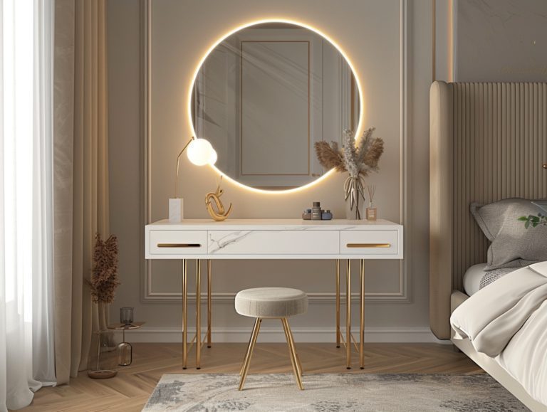 Biała toaletka z okrągłym lustrem LED i złotymi nogami