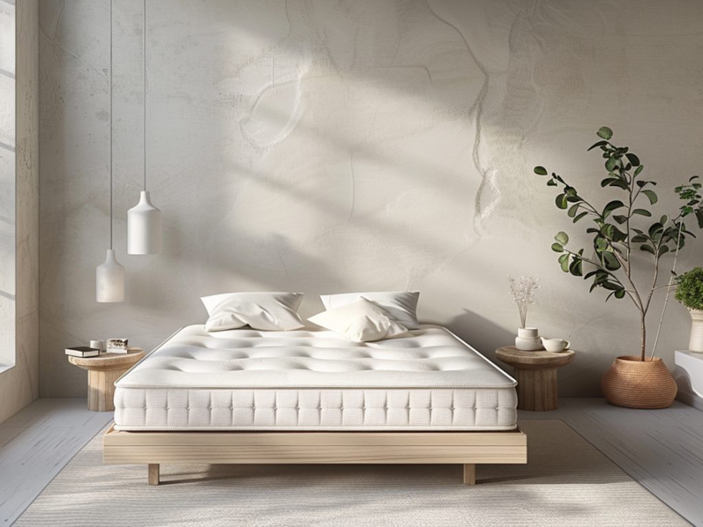 Minimalistyczne łóżko z materacem i drewnianą ramą w stylu japandi