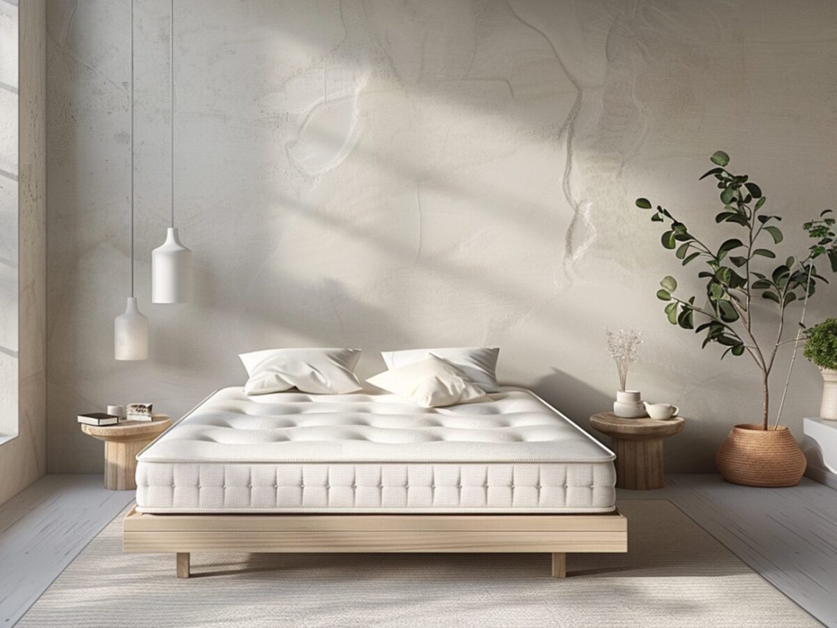 Minimalistyczne łóżko z materacem i drewnianą ramą w stylu japandi