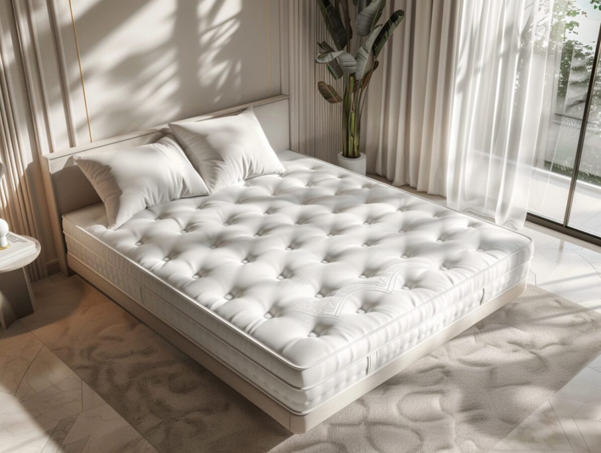 Białe łóżko z pikowanym materacem w jasnej sypialni glamour