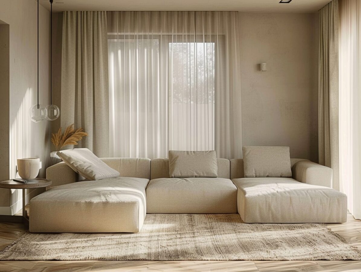 Beżowy narożnik w minimalistycznym salonie z jasnymi zasłonami