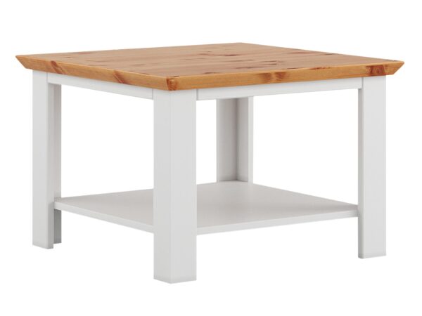 Kwadratowy stolik kawowy z bielonym korpusem i blatem dębowym