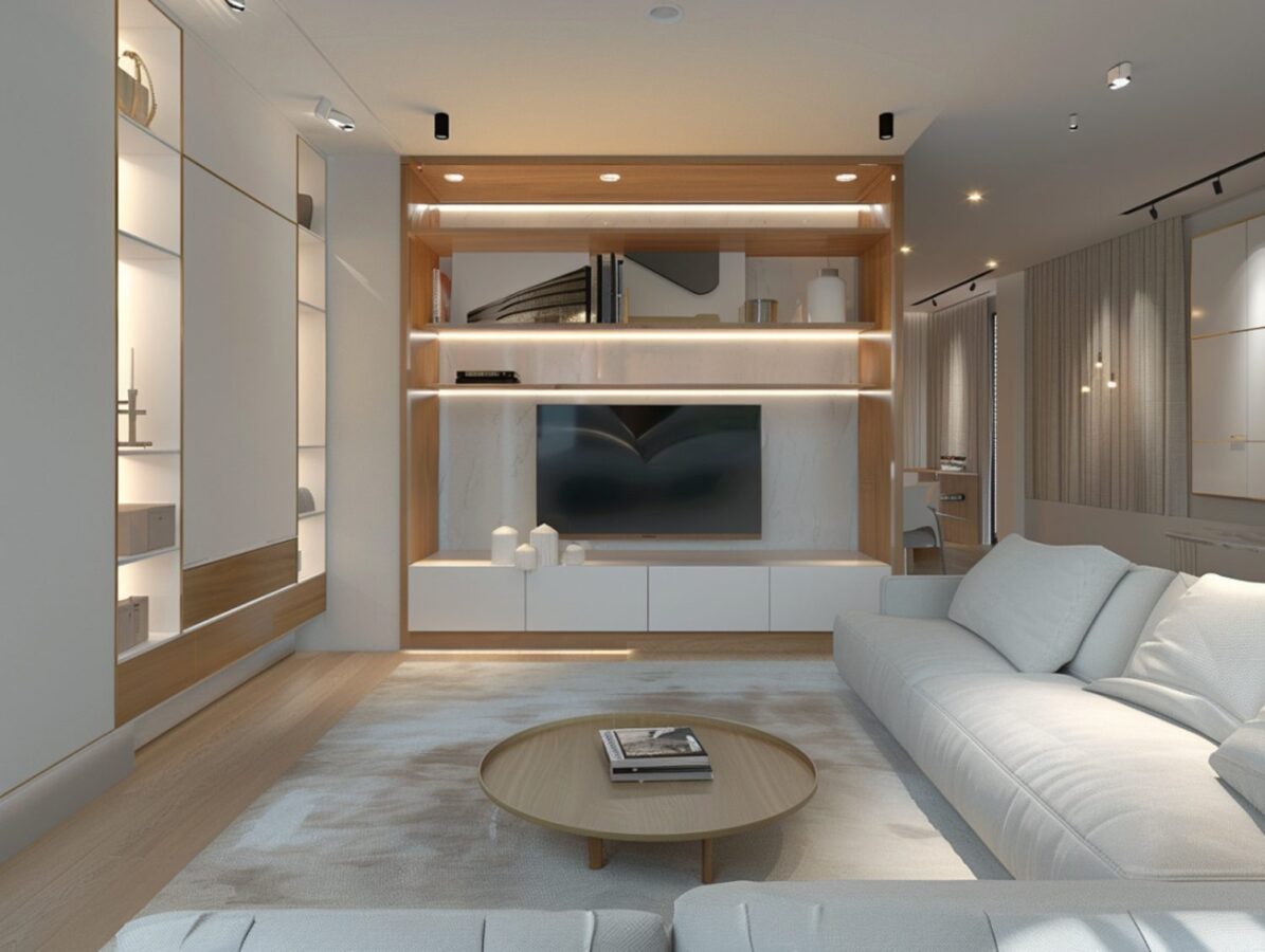 Nowoczesny salon z podświetleniem LED i białymi meblami