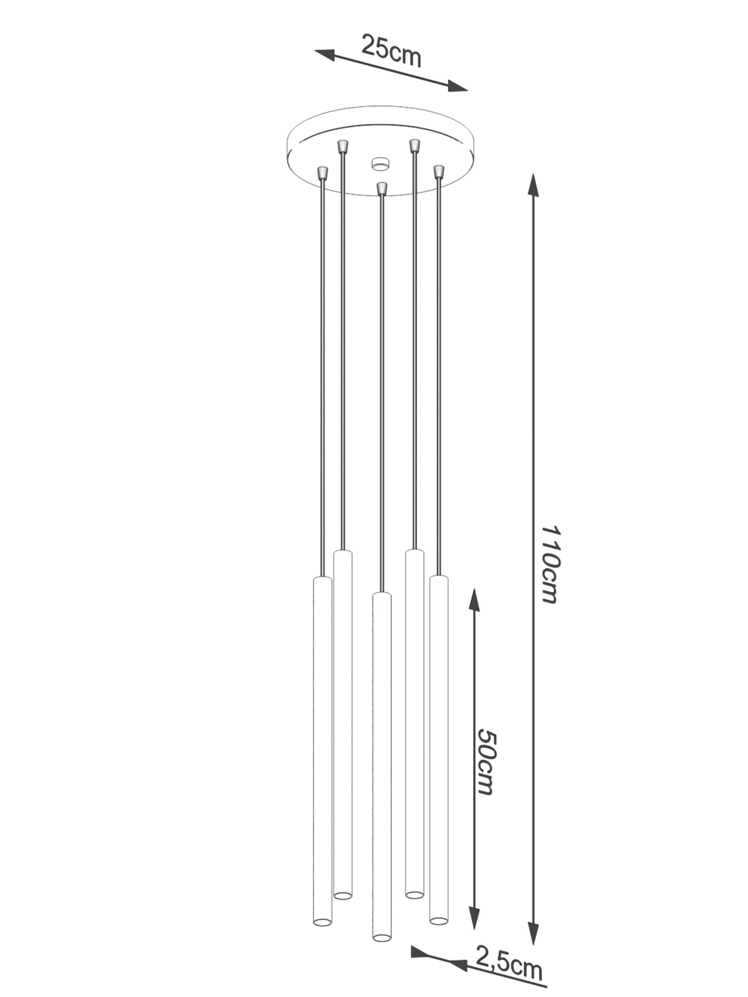 Techniczny rysunek – wysokość lampy z tubami 110 cm