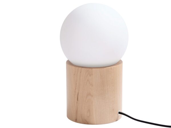 Nowoczesna lampa stołowa – kula świetlna z podstawą z drewna