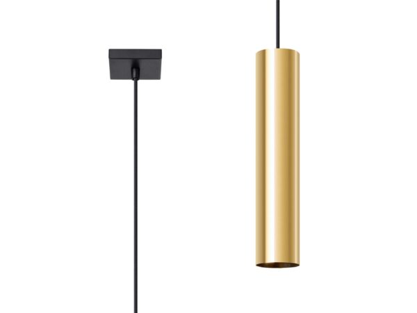 Złota tuba – zawieszona lampa z czarnym kablem