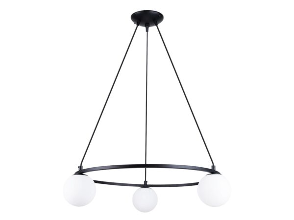 Czarna lampa z kulami – widok z boku, mleczne szkło