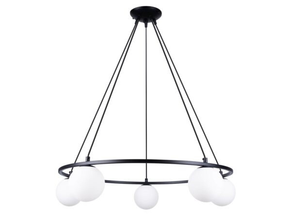 Designerska lampa wisząca – 5 kul na metalowym okręgu