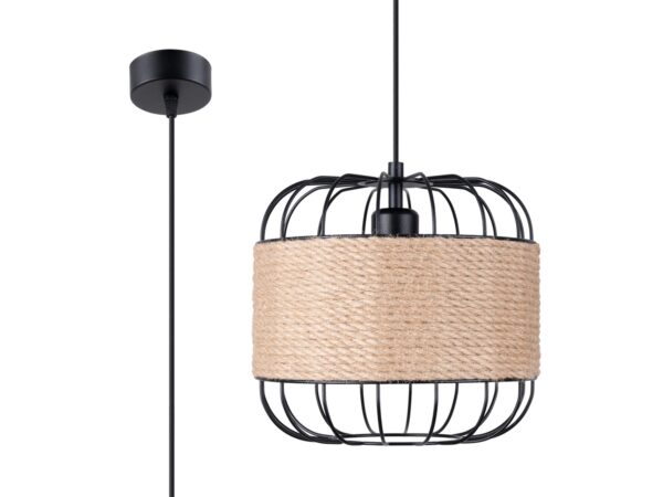 Produktowy render – lampa wisząca z jutowym kloszem i czarną oprawą