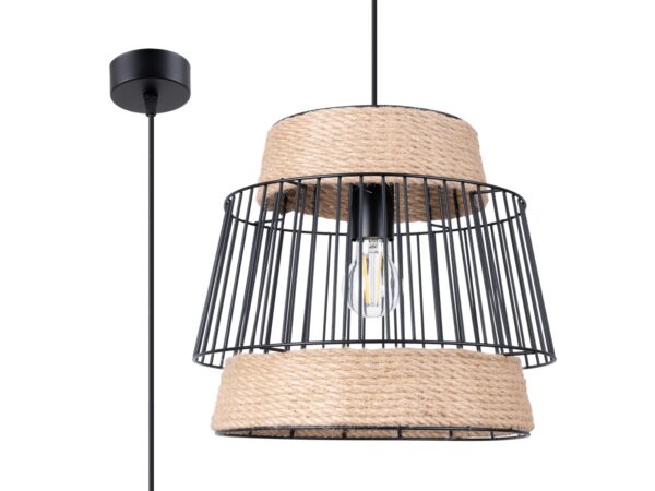 Produktowy render – lampa z drewnianą rozetą i jutowym abażurem