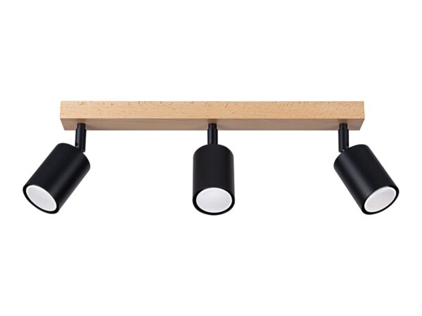 Drewniana listwa z trzema reflektorami – nowoczesne oświetlenie sufitowe