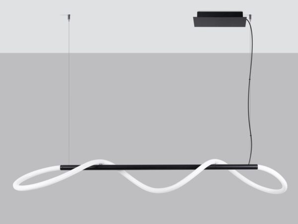 Nowoczesna czarna lampa sufitowa LED w kształcie łuku – rzut z przodu
