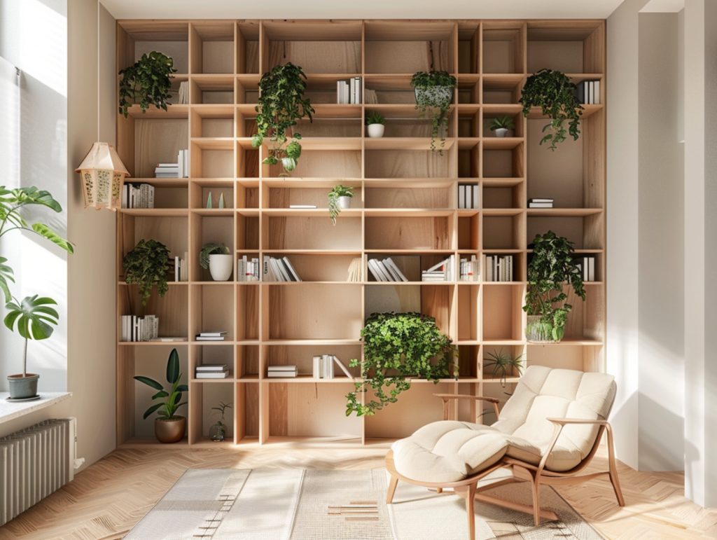 Duży regał z jasnego drewna z roślinami w stylu skandynawskim