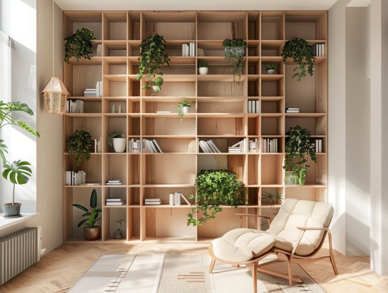 Duży regał z jasnego drewna z roślinami w stylu skandynawskim