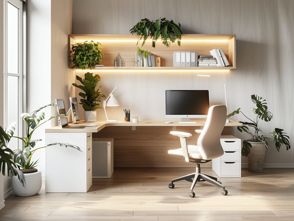 Białe biurko narożne z oświetleniem LED i roślinami doniczkowymi