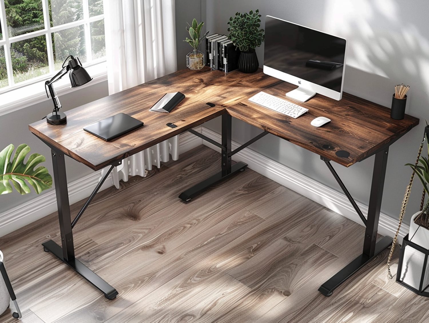 Drewniane biurko narożne z czarnymi metalowymi nogami w stylu loft