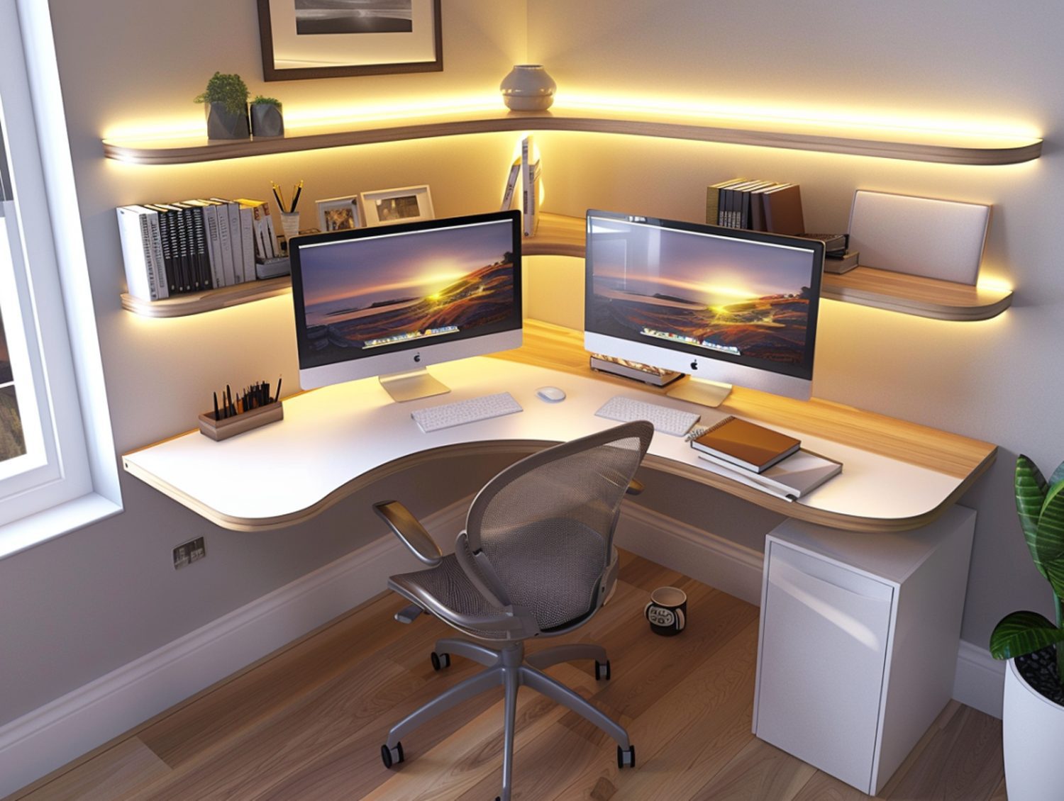 Nowoczesne biurko narożne z podświetleniem LED do pracy zdalnej