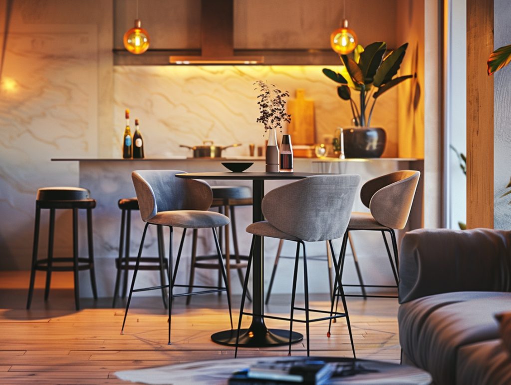 Industrialny stół barowy z tapicerowanymi hokerami i oświetleniem