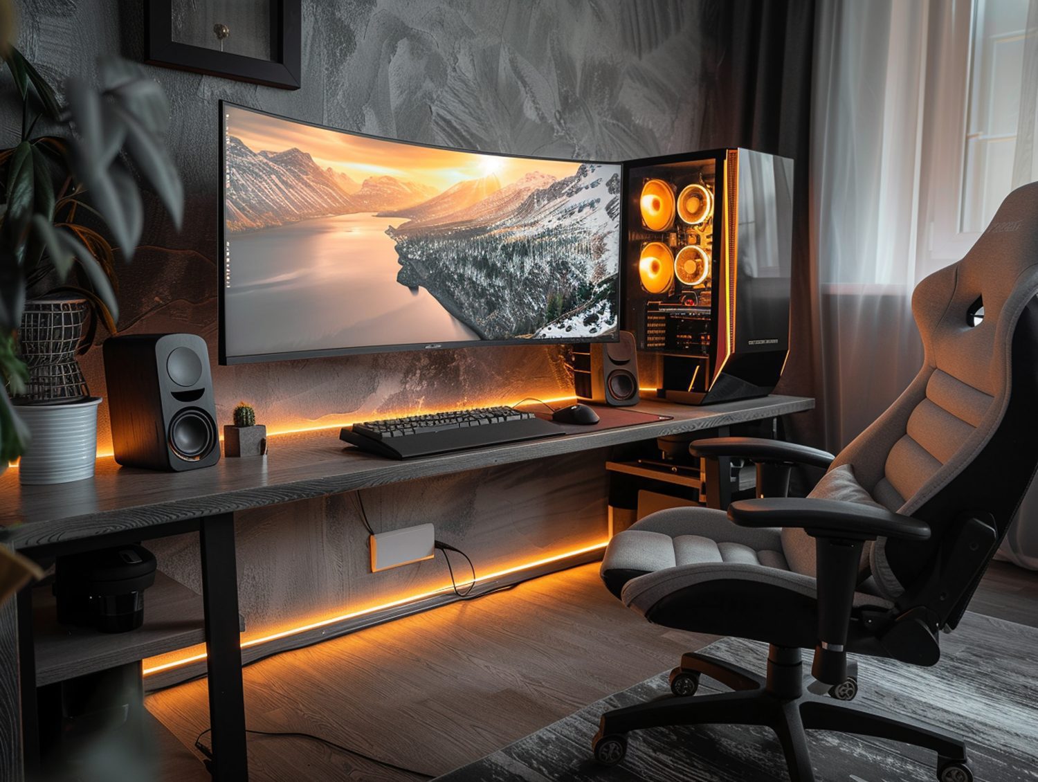 Nowoczesne biurko gamingowe z LED i panoramicznym monitorem