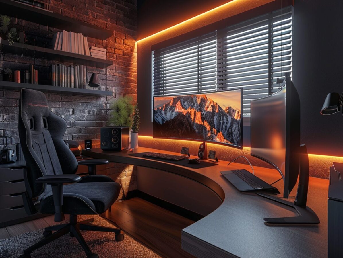 Pokój gamingowy z biurkiem narożnym i LED-owym oświetleniem