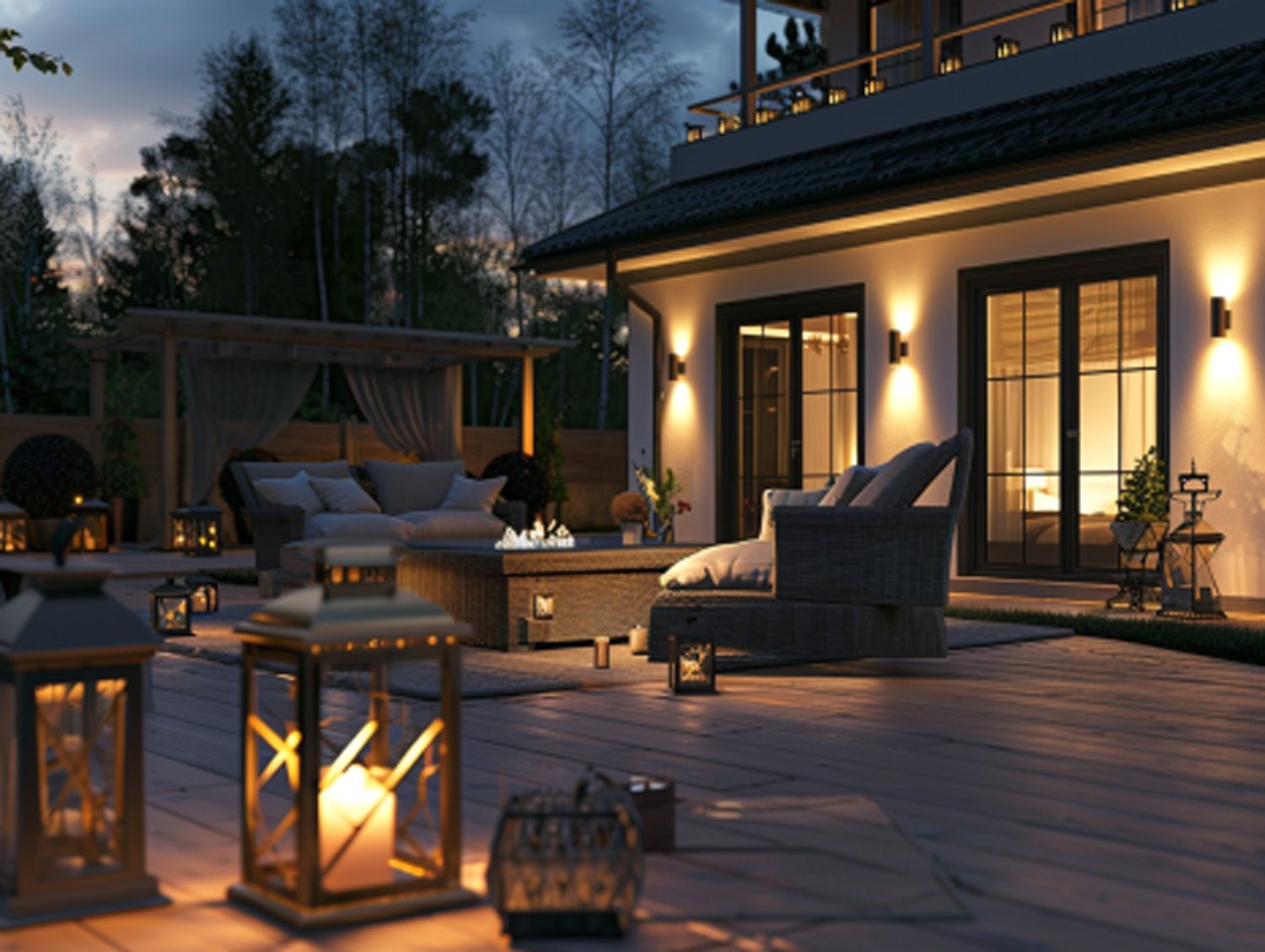 Wieczorne patio z technorattanem i nastrojowym oświetleniem