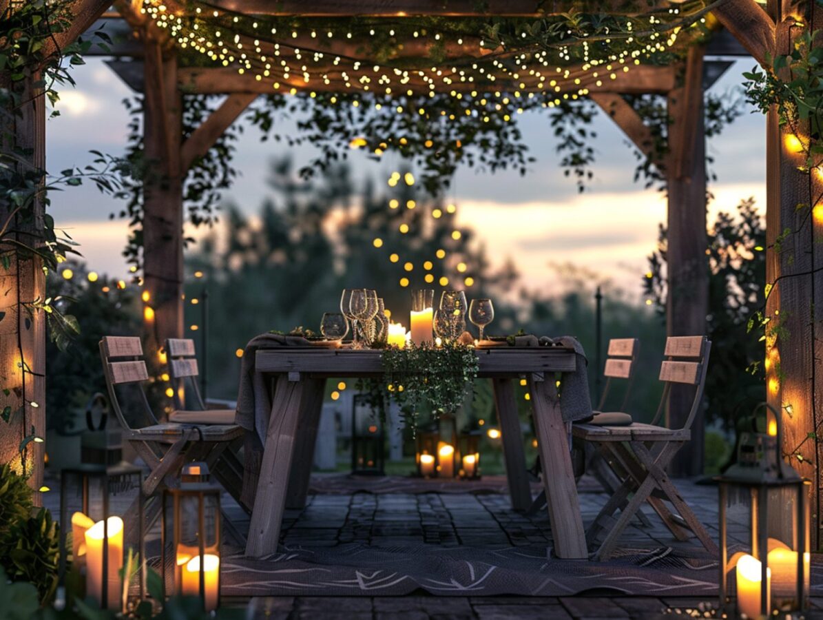 Drewniana pergola z girlandami świetlnymi i zestawem ogrodowym
