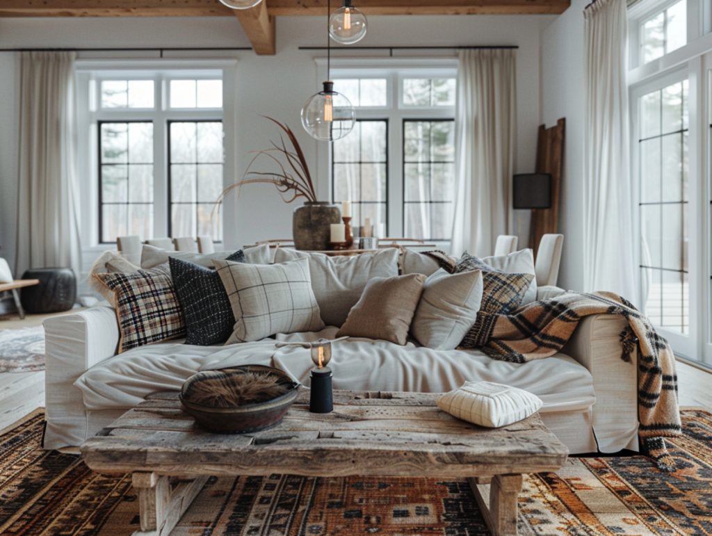 Przytulny salon z dużą sofą i drewnianym stolikiem kawowym