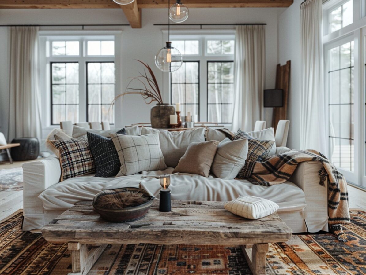 Przytulny salon z dużą sofą i drewnianym stolikiem kawowym