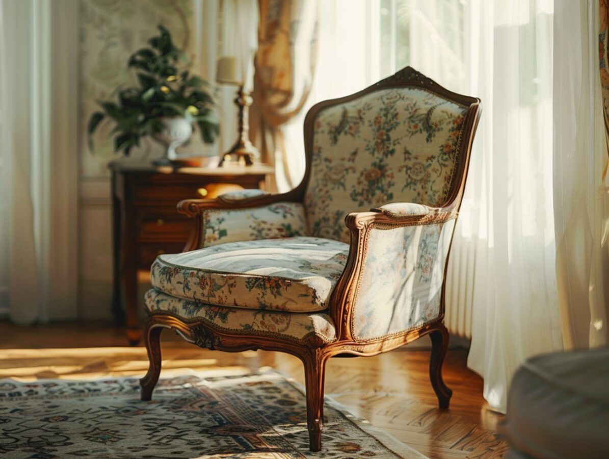Fotel w stylu ludwikowskim z kwiatową tapicerką i rzeźbioną ramą