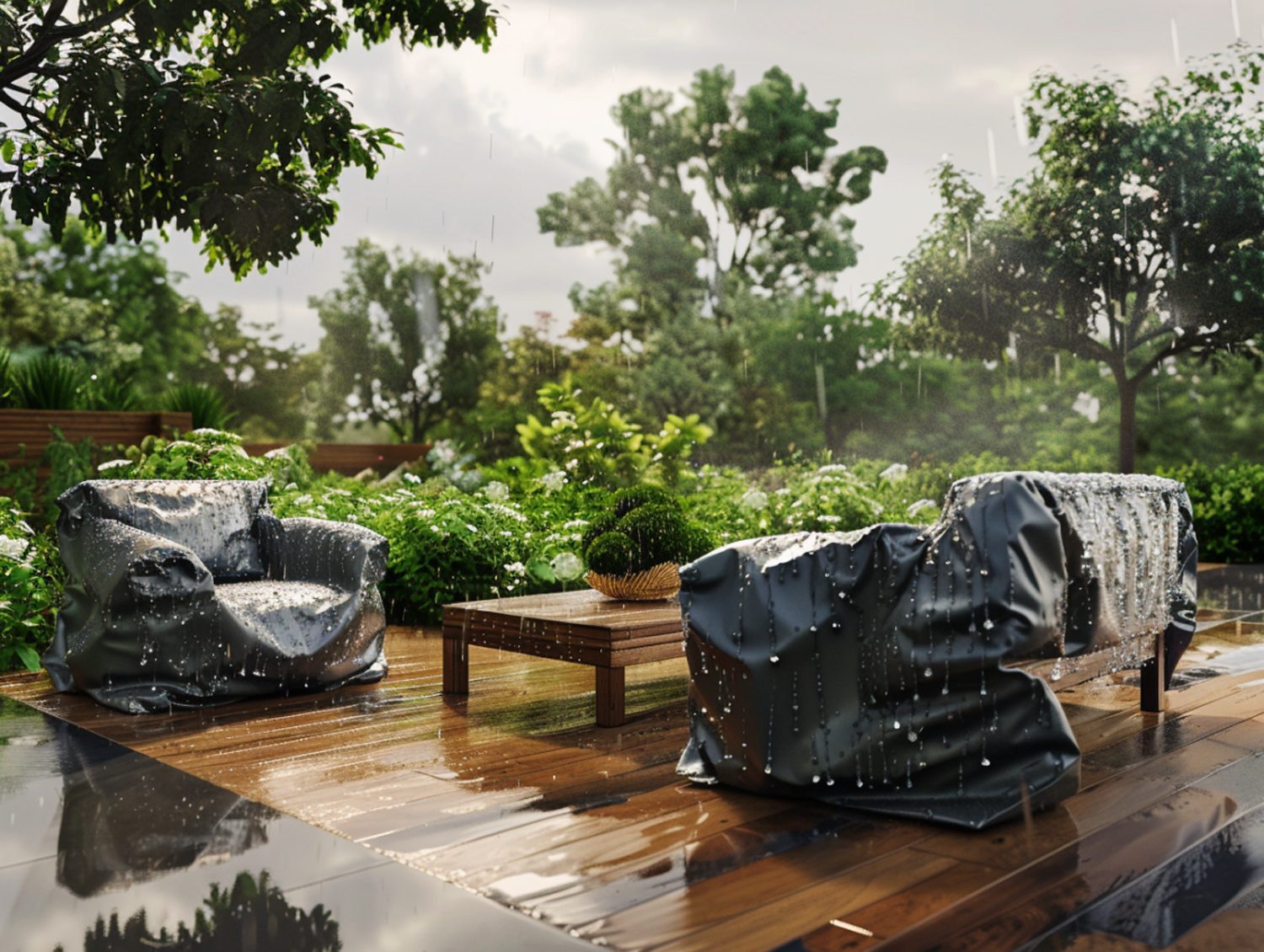 Taras z workowymi fotelami ogrodowymi i stolikiem z drewna