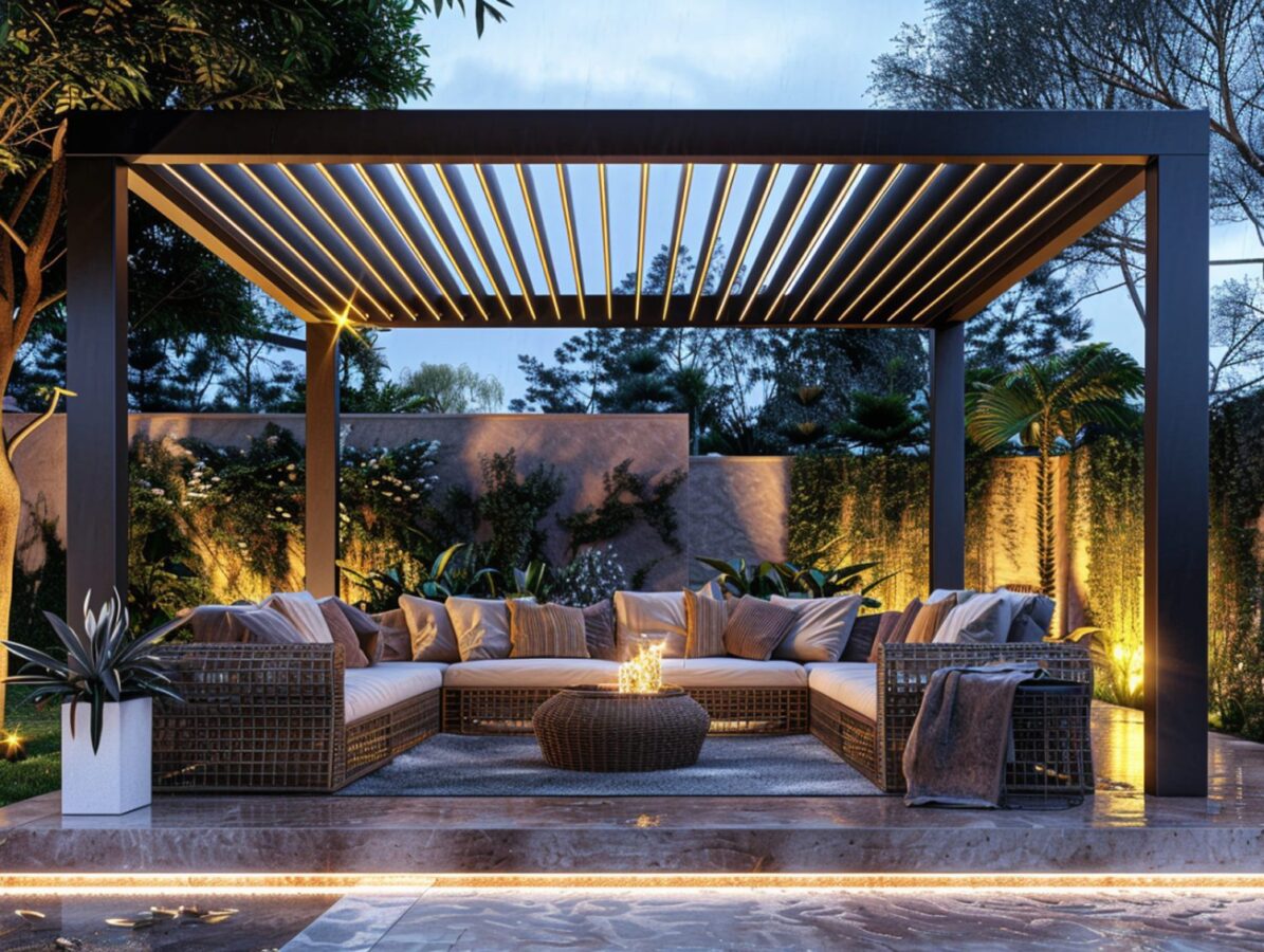 Wieczorna strefa relaksu pod pergolą z technorattanowym narożnikiem