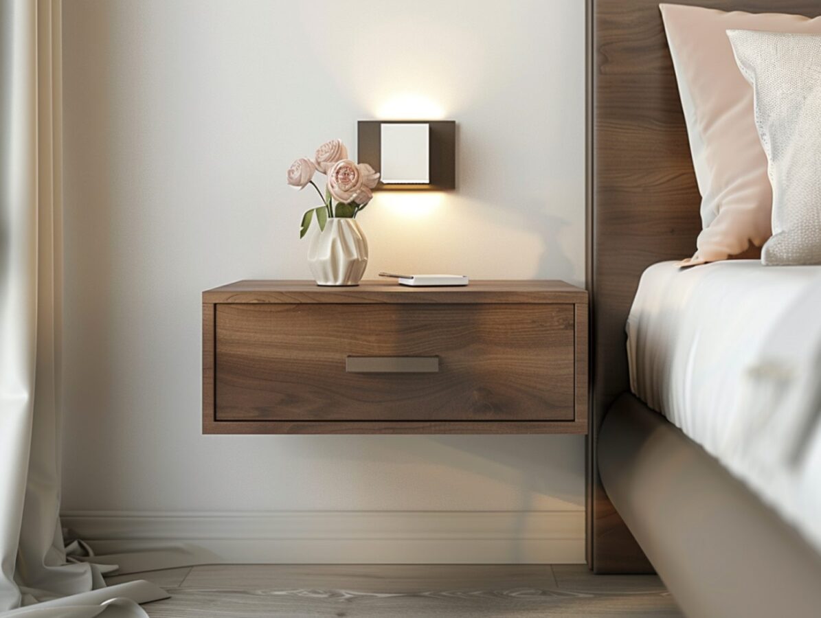 Drewniana szafka nocna wisząca z jedną szufladą w stylu nowoczesnym