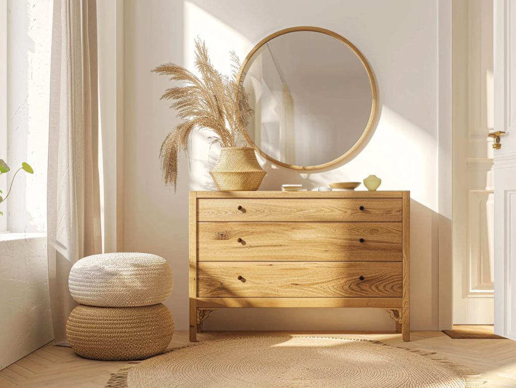 Dębowa komoda z trzema szufladami i okrągłym lustrem w stylu boho