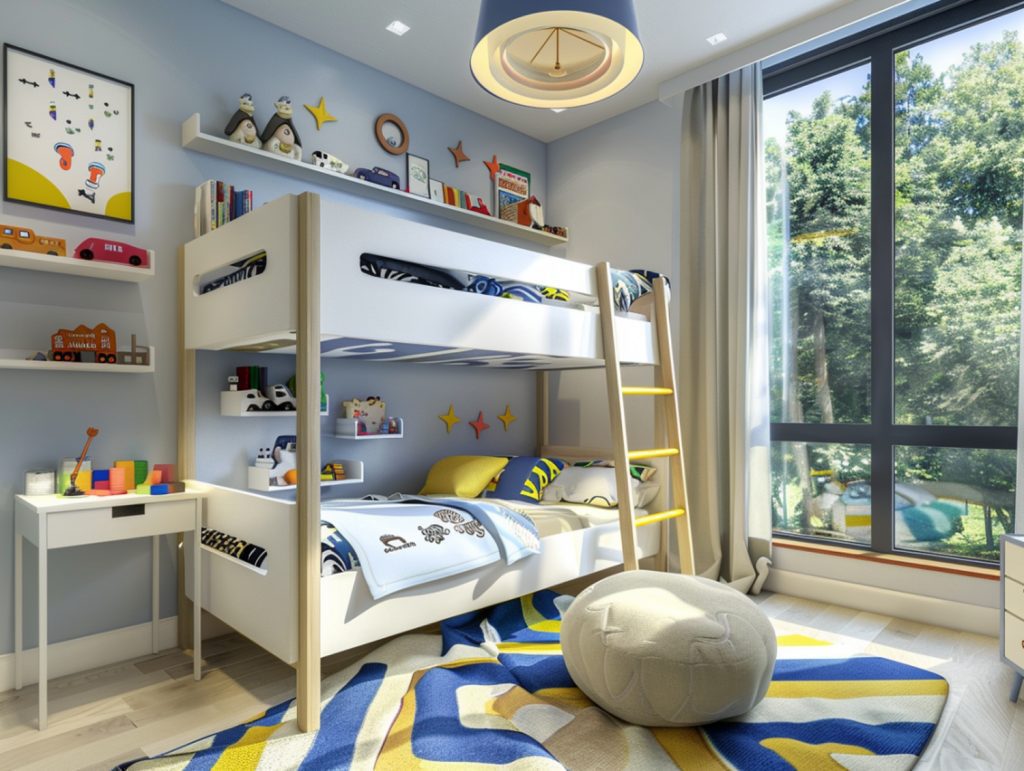 Pokój dziecięcy z łóżkiem piętrowym i kolorową aranżacją