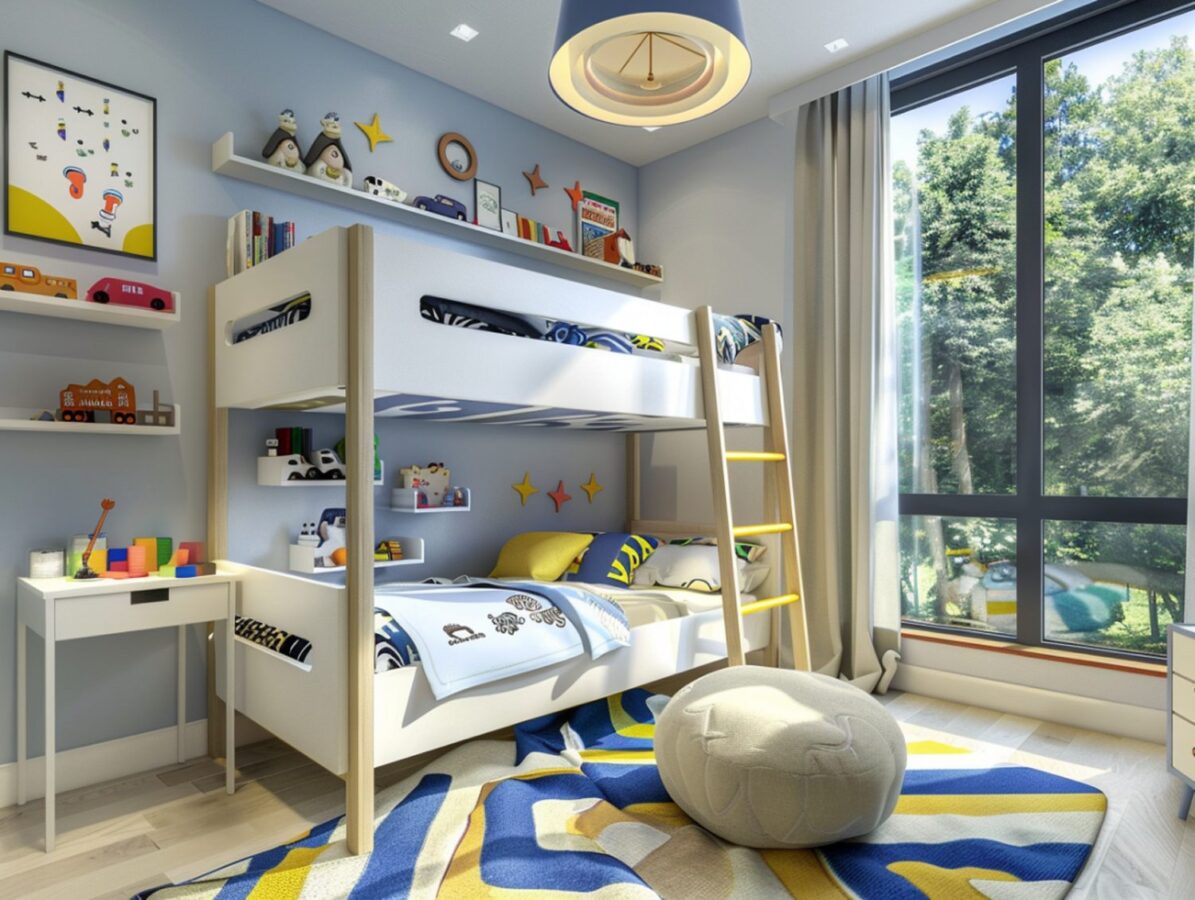 Pokój dziecięcy z łóżkiem piętrowym i kolorową aranżacją