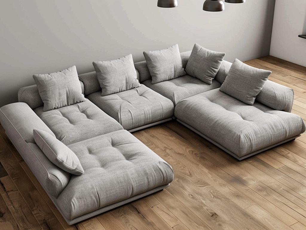 Duży szary narożnik modułowy z poduszkami w nowoczesnym salonie