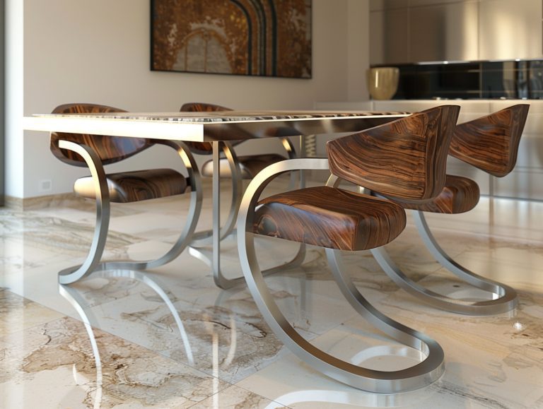 Elegancki stół jadalniany z chromowanymi nogami i marmurową podłogą