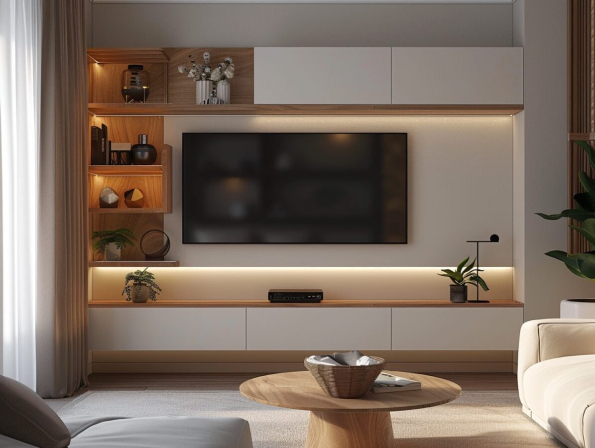 Nowoczesna zabudowa RTV z oświetleniem LED i drewnianym wykończeniem